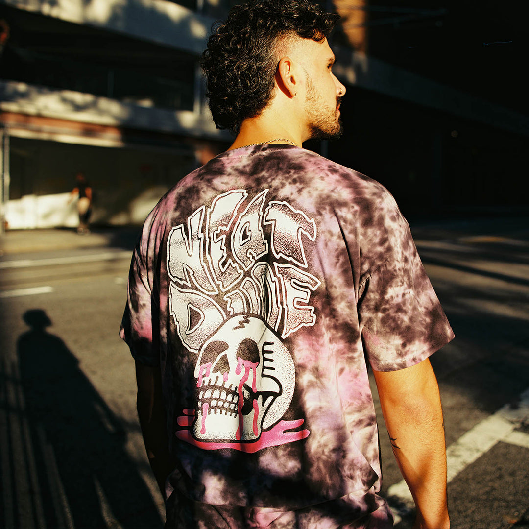 Tie Dye Skull Puddle Tee - Pink/Black