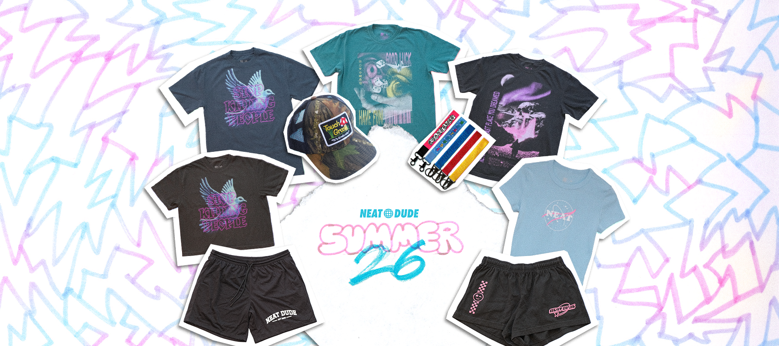 A flat-lay collage of summer apparel items on a white background with pink and blue lightning-bolt graphics. The items include multiple graphic t-shirts in black, teal, and light blue, black shorts, a baseball cap, and lanyard keychains